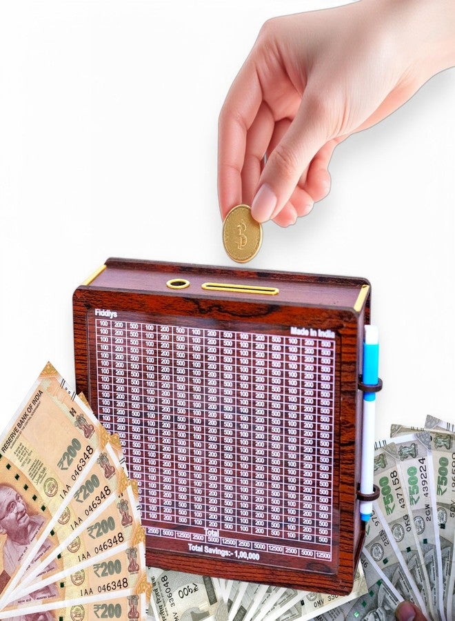فيدلايز حصالة نقود خشبية من فيدليز، صندوق نقود للأطفال، صندوق تحدي الادخار، صندوق نقود، خزنة نقود خشبية (خشب، 100,000 روبية) قابلة لإعادة الاستخدام/التبديل مع حامل أقلام - Image 1